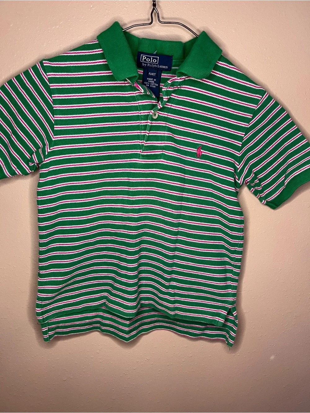 Ralph Lauren Green Stripe Polo with Pink & White Accents